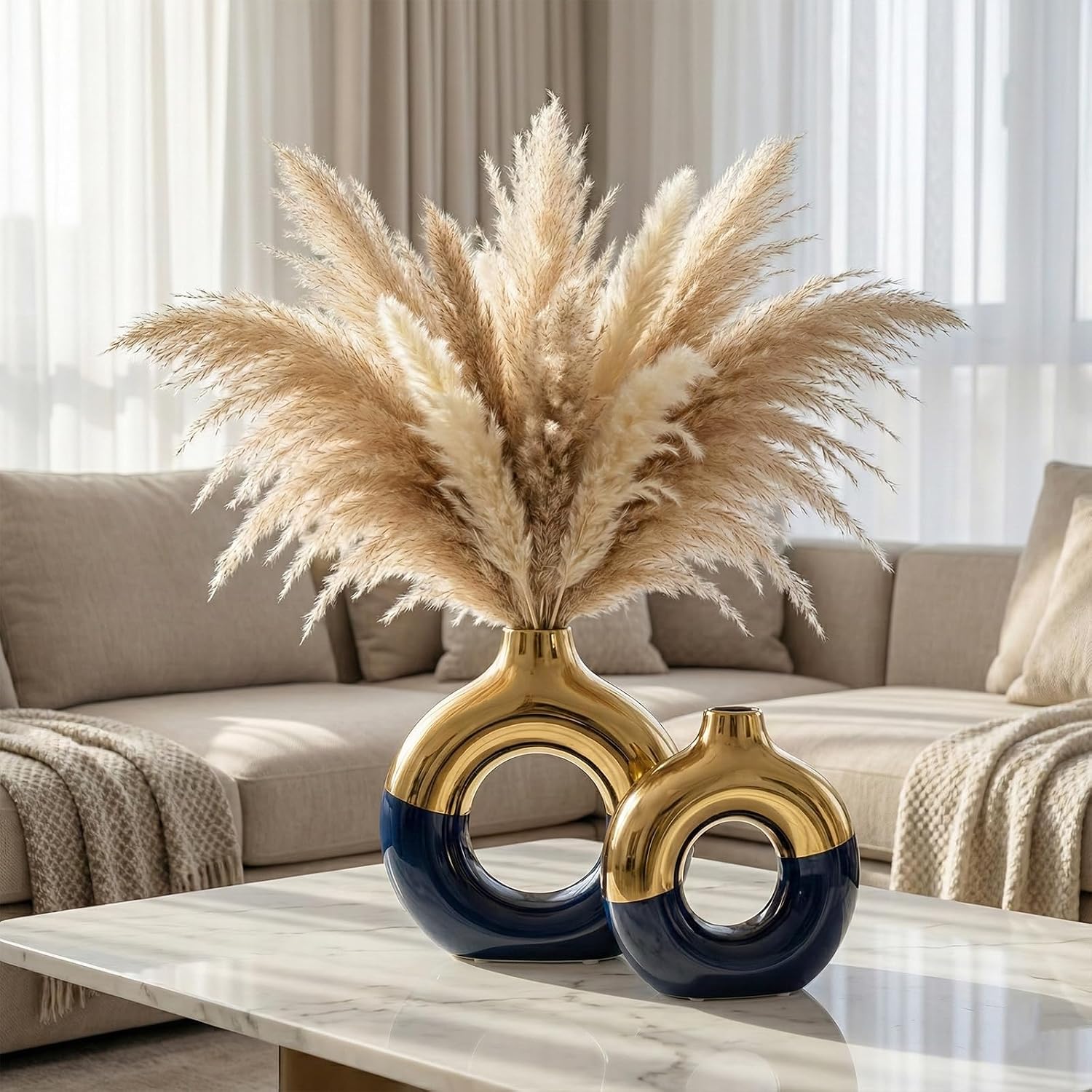 Blue and Gold Vase Decor Donut Vase Set of 2 - Circle Hollow Vases, Modern Matte Ceramic Vases for Entryway Living Room Bedroom Dining Table Centerpiece Office Home Decor