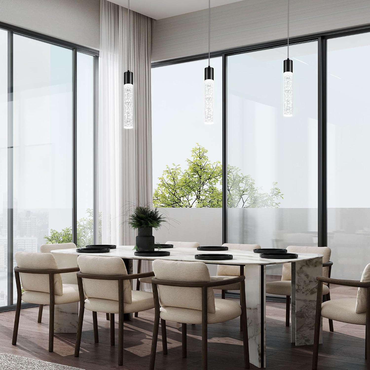 Pendant Lights Kitchen Island, 6500K Modern Kitchen Island Lights Brushed Black, 3 Pack Ceiling Lighting Fixtures with Crystal Bubble, Integrated LED Hanging Light for Dining Room Restaurant