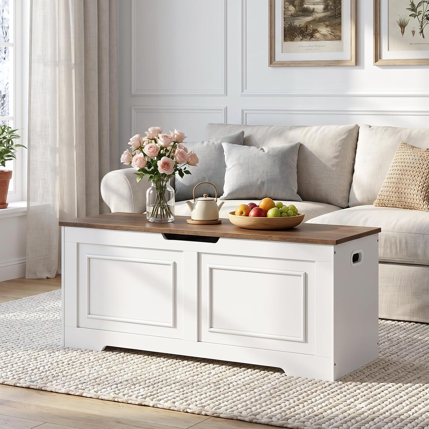 CHOEZON Storage Bench, 47.2" Large Capacity Toy Chest, Farmhouse Storage Trunk with Soft Close Hinge, Wooden Storage Box for Entryway, Living Room, Bedroom, White and Walnut MCW25WL