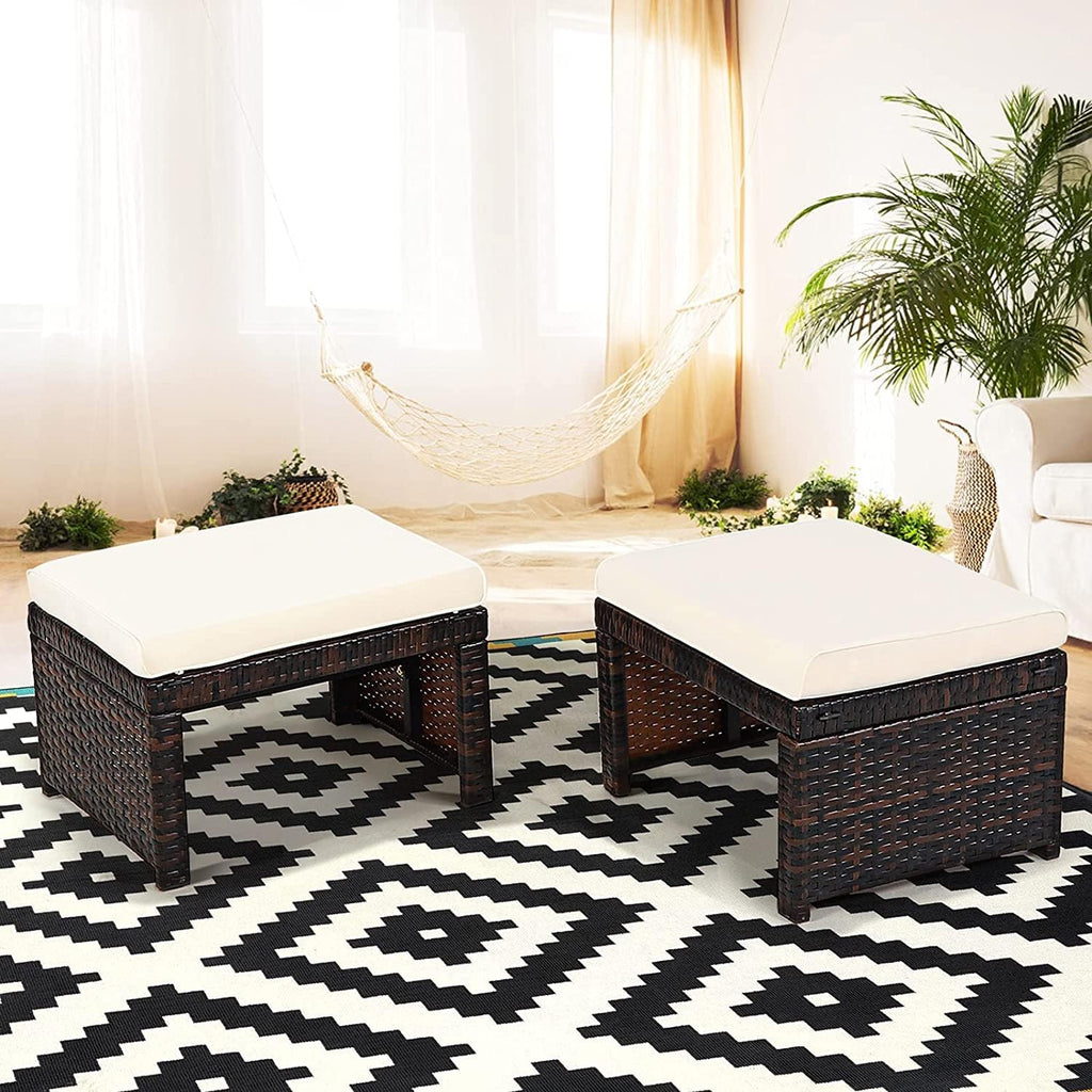 DORTALA Outdoor Ottoman Wicker 2 Piece, Patio Ottomans PE Rattan Foot Rest Footstool with Cushions for Garden, Poolside, White