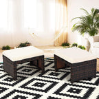 DORTALA Outdoor Ottoman Wicker 2 Piece, Patio Ottomans PE Rattan Foot Rest Footstool with Cushions for Garden, Poolside, White