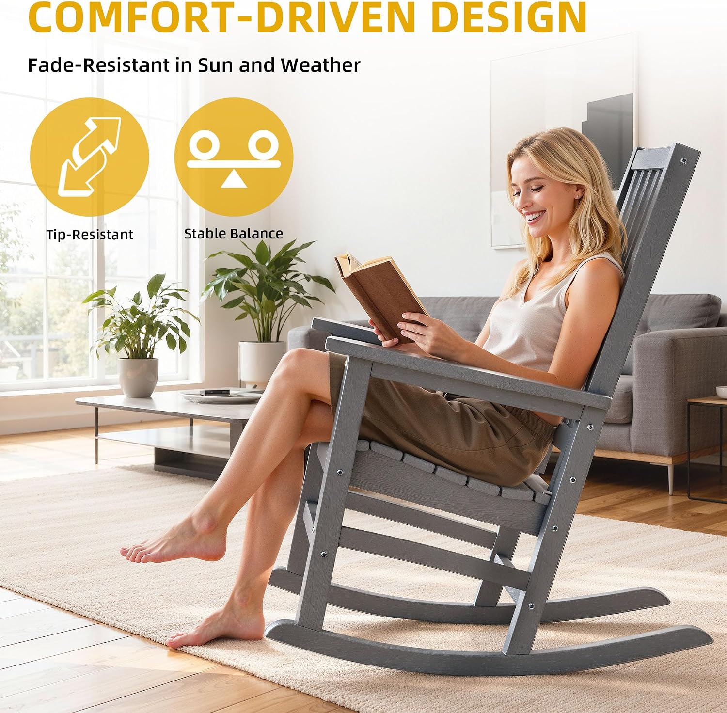 DWVO Outdoor Rocking Chair, Patio Rocker with Windsor Backrest & Wide Armrests, HDPE Patio Chair, 30° Rocking Motion, Outdoor Rocker for Porch, Balcony, Garden Seating, Gray