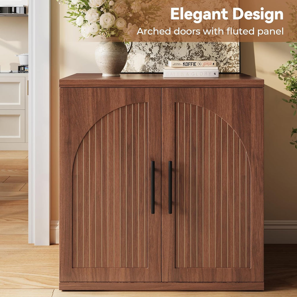 MapleGrace 31.5" Fluted Buffet Cabinet with Storage, Mid-Century Symmetrical Arched Sideboard Credenza with Adjustable Shelf, Large Wood Console Table for Dining Room, Kitchen, and Living Room(Walnut)