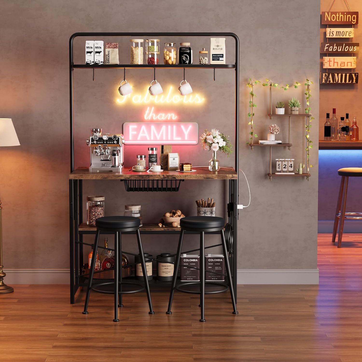 Garvee 3-Tier Small Kitchen Island with Power Outlet&2 Bar Stools, Vintage | Industrial Bakers Rack with 5 Hooks, adjustable Microwave Stand Coffee Bar Table for Dining Room, Living Room, Apartment