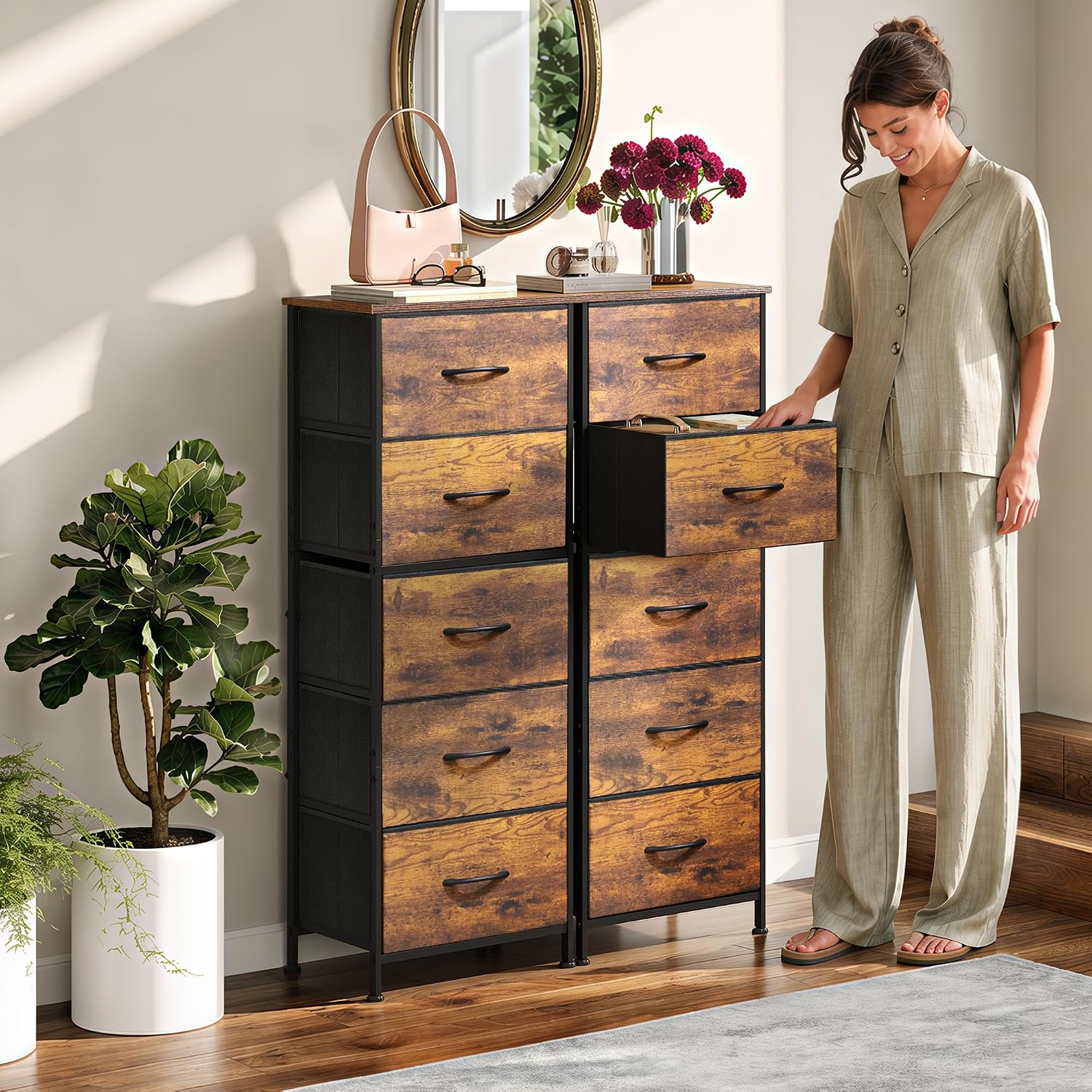 WLIVE Fabric Dresser for Bedroom, 5-Drawer Tall Dressers, Storage Organizer with Fabric Bins, Wood Top, Sturdy Steel Frame, Chest of Drawers for Closet, Hallway, Rustic Brown Wood Grain Print