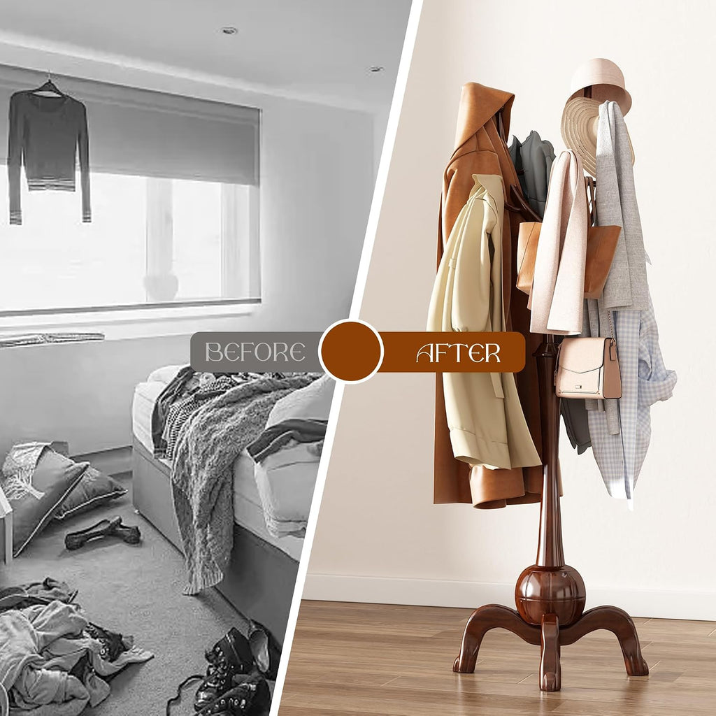 Wood Freestanding Coat Rack 8 Hooks Coat Tree Standing,Dark Walnut | Wooden Creative Clothes Hanger with Sturdy Sphere Base and Tree Branch Hooks 160lb Load Capacity for Entryway Hallway Bedroom