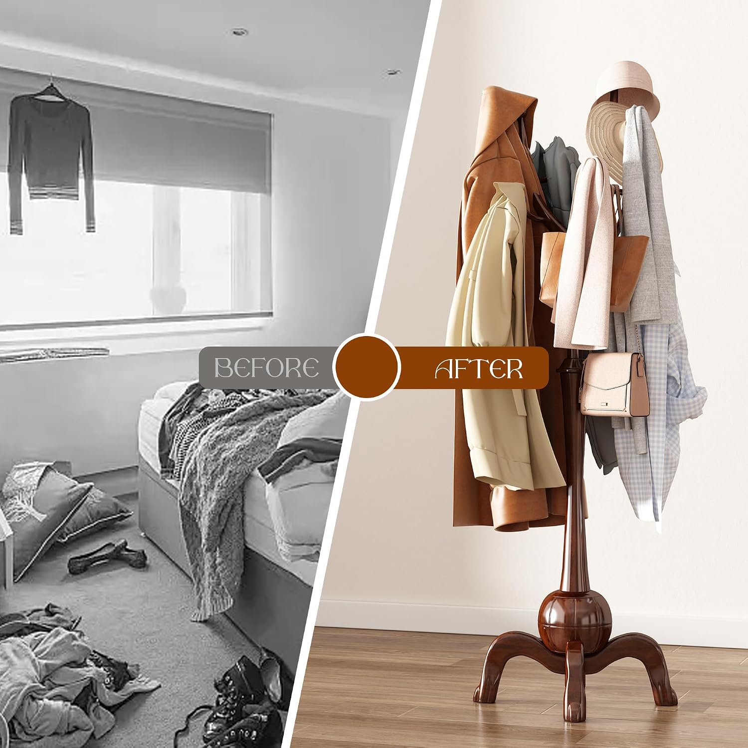 Wood Freestanding Coat Rack 8 Hooks Coat Tree Standing,Dark Walnut | Wooden Creative Clothes Hanger with Sturdy Sphere Base and Tree Branch Hooks 160lb Load Capacity for Entryway Hallway Bedroom