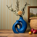 Levvohd Snuggle Hollow Ceramic Vase Set of 2, 8.4 inch Modern Nordic Coastal Shaped Pampas Grass Aesthetic Decorative Table Vases for Home Decor (Matte Navy Blue - M)