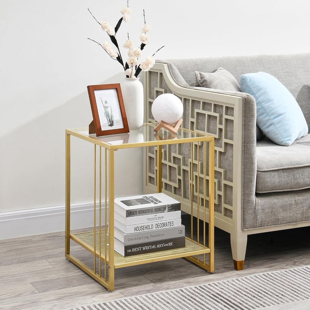 18 Inch Square Tempered Glass Gold End Table with 2-Tier Storage Shelf, Modern Gold Metal Frame Sofa Side Table Clear Glass Accent Table for Living Room Bedroom Small Spaces