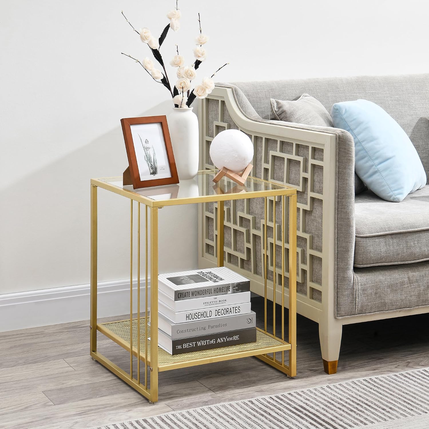 18 Inch Square Tempered Glass Gold End Table with 2-Tier Storage Shelf, Modern Gold Metal Frame Sofa Side Table Clear Glass Accent Table for Living Room Bedroom Small Spaces