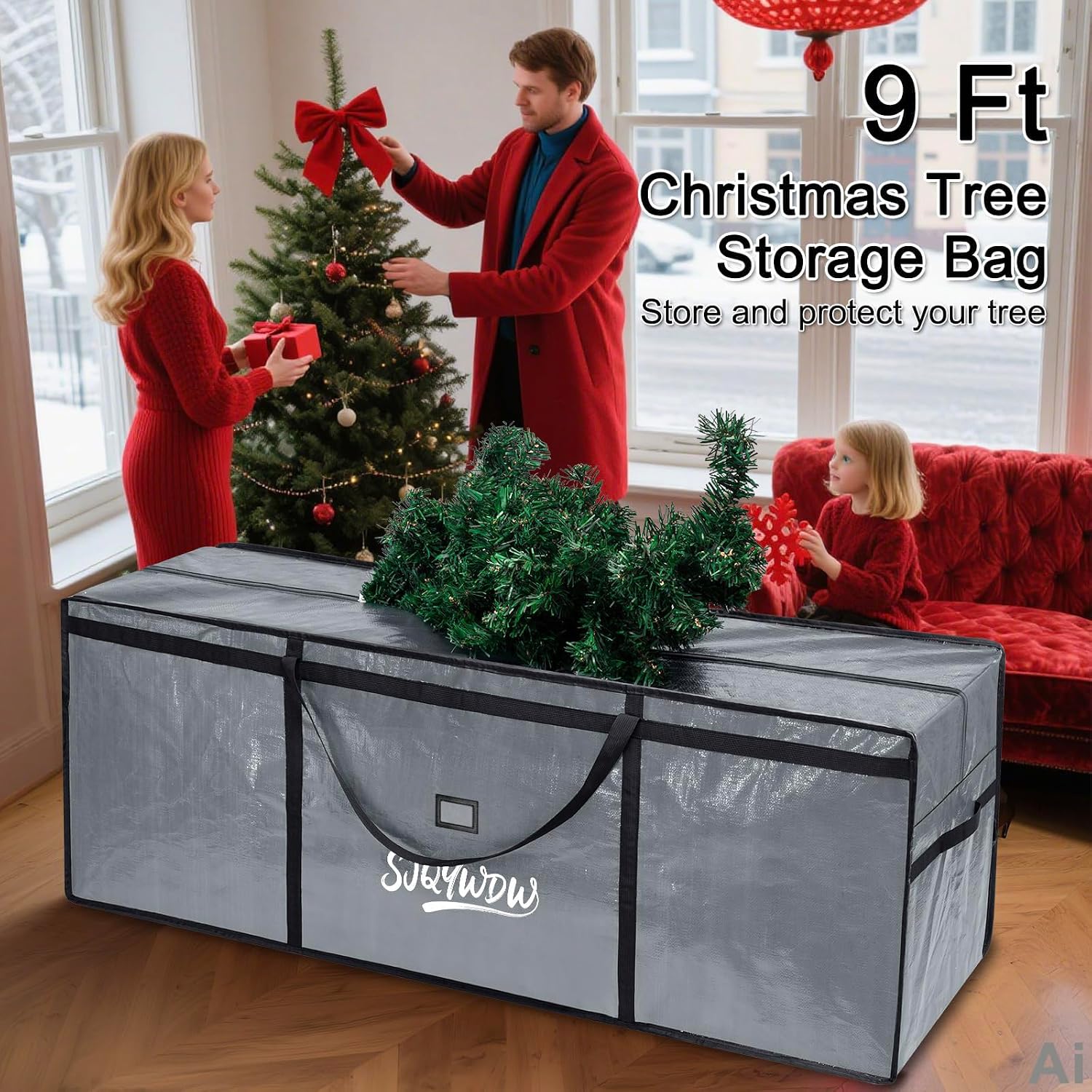 Christmas Tree Storage Bag 9ft for Xmas Trees - Grey | Heavy Duty, Artificial Xmas Bag, Reinforced Handles, Dual Zippers Wide Opening, Two Mesh Pockets, Thick PE , Moving Bags