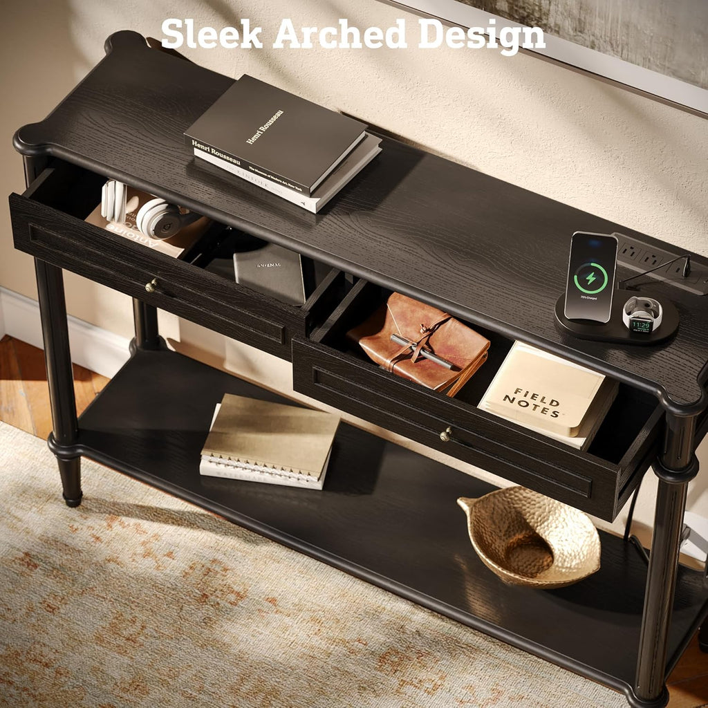 Solid Wood Console Table for Entryway with Charging Station,Retro Entryway Table with 2 Drawers-Easiest Assembly,Sofa Table with Bottom Shelf,Narrow Long Couch Table Behind Sofa for Living Room,Foyer