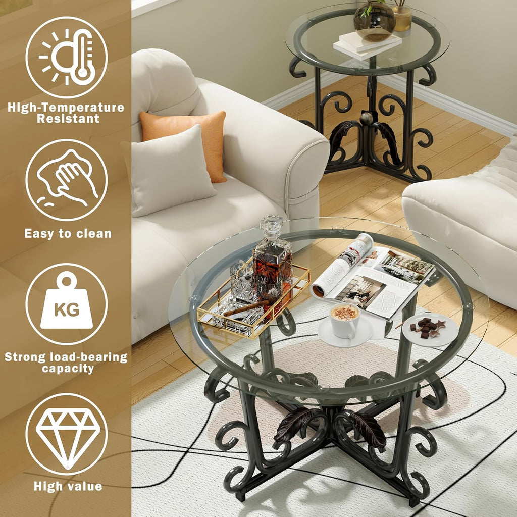 EQEY Glass Coffee Table Set of 3 — 31.5" Round Nesting Coffee Table with 2 End Tables, Tempered Glass Top & Wrought Iron Scroll Frame for Living Room, Apartment, Patio, Sunroom