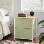 2 Drawer Fabric Nightstand, Bedside Table with Wooden Top, Light Green | Small Dresser for Bedroom with Wooden Top and Steel Frame Bedside Table Storage Organizer for Closets, Entryways and Dorms