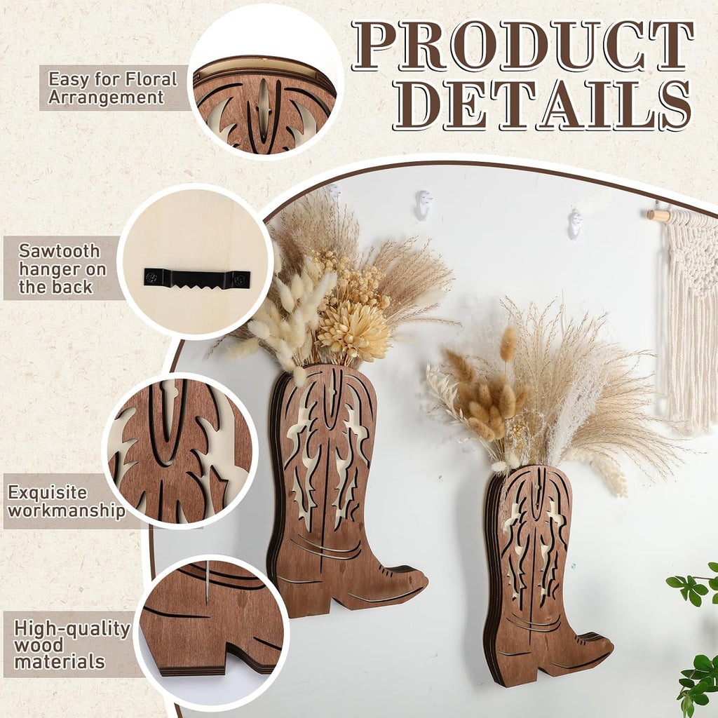 Havawish 2 Pcs Western Wall Decor Wood Cowboy Boots Wall Planter for Indoor Plants 12 x 8'' Western Boot Flower Hanging Vase for Flower Faux Rustic Home Decor for Bathroom Bedroom(Retro Style)