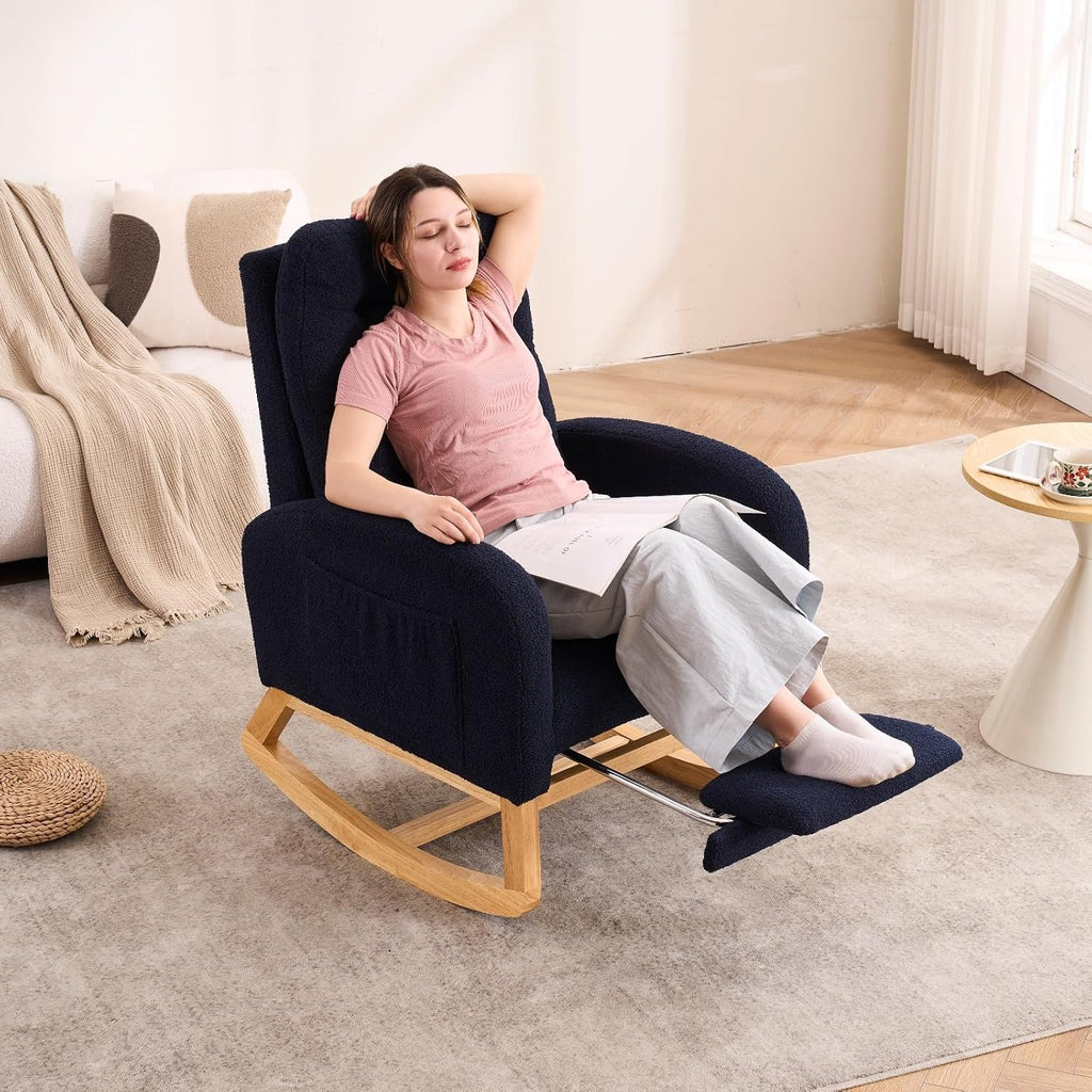 Nursery Rocking Chair with Retractable Footrest,Accent Rocker for Relaxing, Side Pocket,A+ Grade Rubber Wood,Suitable for Living Room,Bedroom and Balcony (Teddy Fleece, Navy Blue)