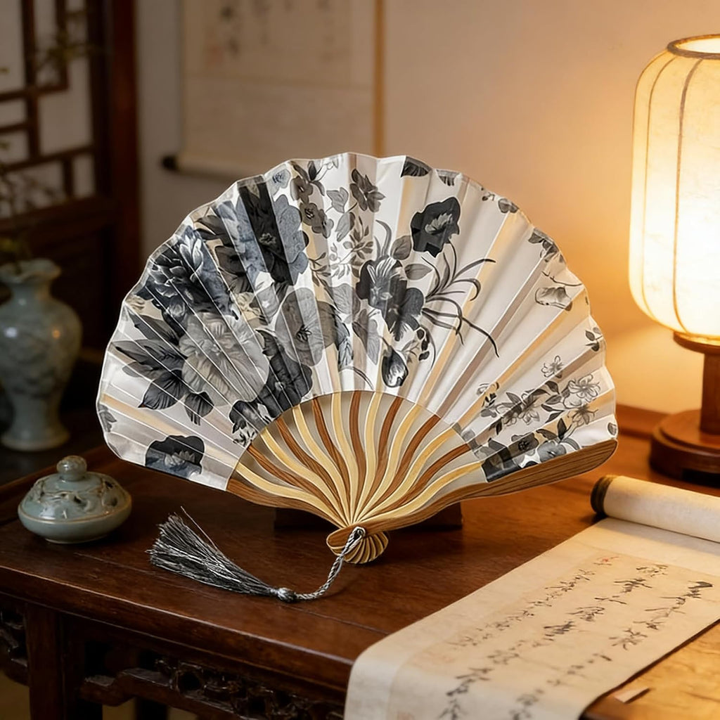 1pc Folding Hand Fan Set With Tassel, Chinese Ink Painting Handheld Fan, Portable Fan for Summer Cooling, Decorative Fan for Dance, Wedding Stage Props 11in*8.85in,Gray
