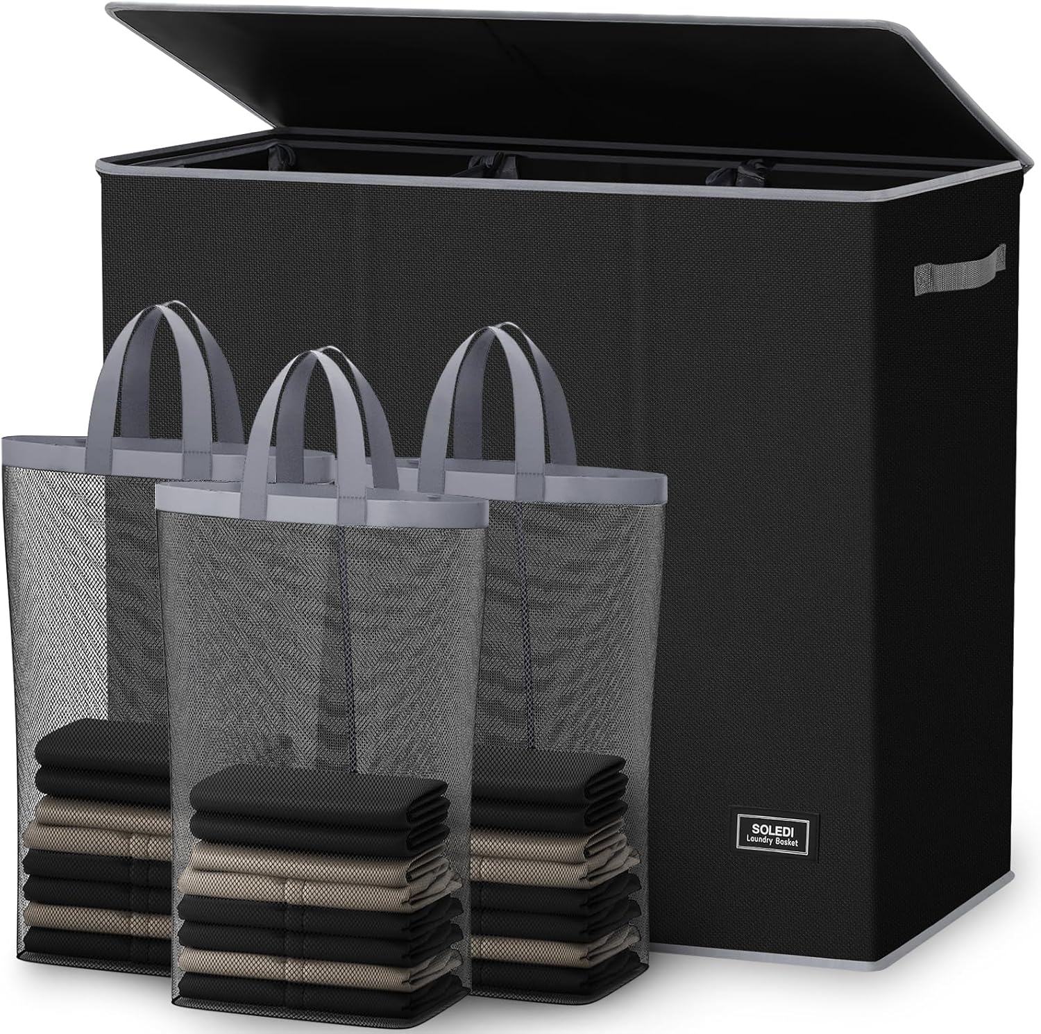 SOLEDI 180L Laundry Hamper 3 Section, Extra Large Laundry Hamper with Lid, Dirty Clothes Hamper with Sturdy Handle, Large Laundry Basket Organizer for Laundry Room, Bedroom, Hampers for Laundry