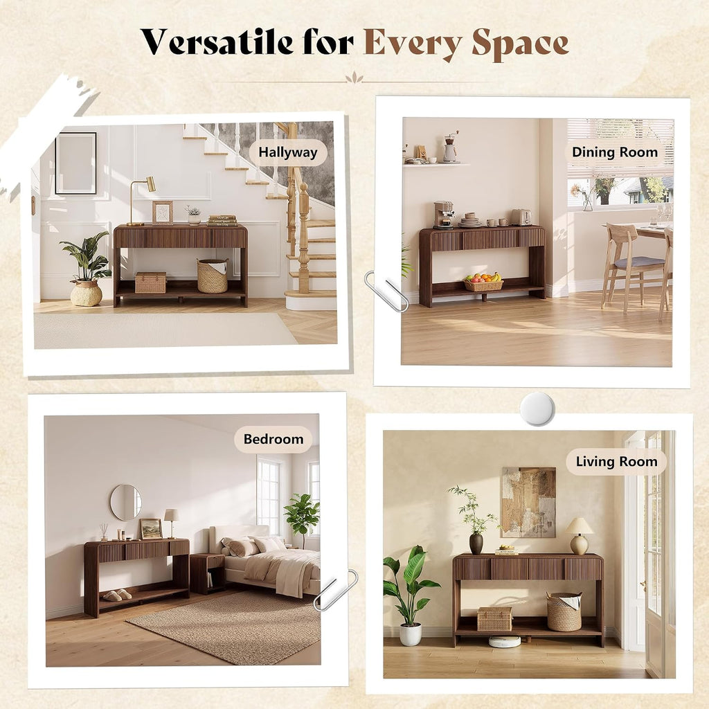 AMERLIFE 45" Fluted Console Table with 2 Drawers and Open Shelf, Modern Entryway Table with Rounded Edges, Wood Sofa Table for Hallway, Foyer, Behind Couch, Living Room, Brown