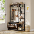 Hall Tree Coat Rack, Hall Tree With Bench and Shoe Storage Shoe With, Mud Room Storage Furniture，39.37 X 15.74 X 69.69 Inches, Brown