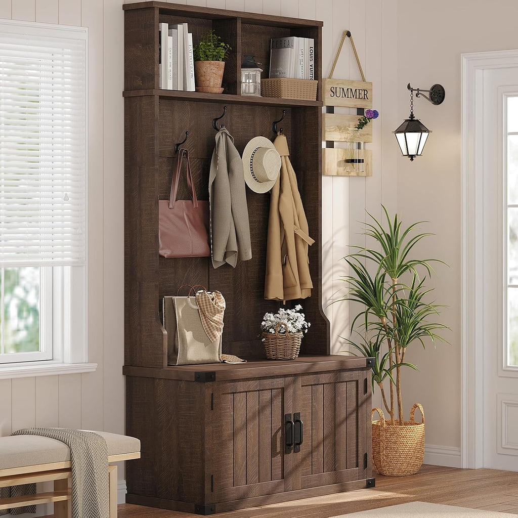 Garvee 77" H Farmhouse Hall Tree with Bench & Shoe Storage, Coat Rack | Mudroom Storage with 5 Tri-Hooks, Enclosed Cabinet, Adjustable Shelf, 2 Top Cubbies, for Entryway, Space Saving, Rustic Brown