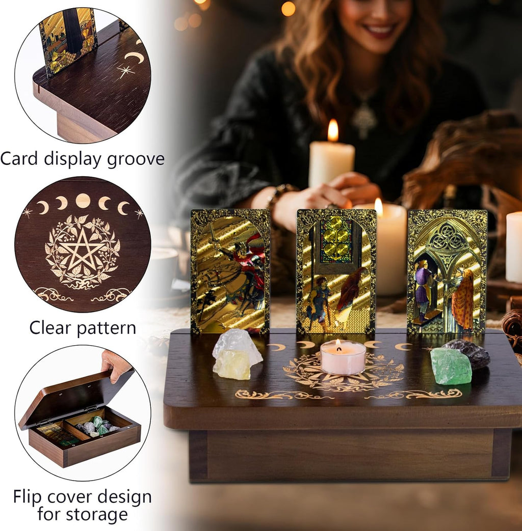 Wood Altar Table,Meditation Table with Storage Space and Tarot Card Holder,Tabletop Carved Sun and Moon Pattern Witchcraft Home Decor for Witchcraft Supplies, Divination, Prayer (A)