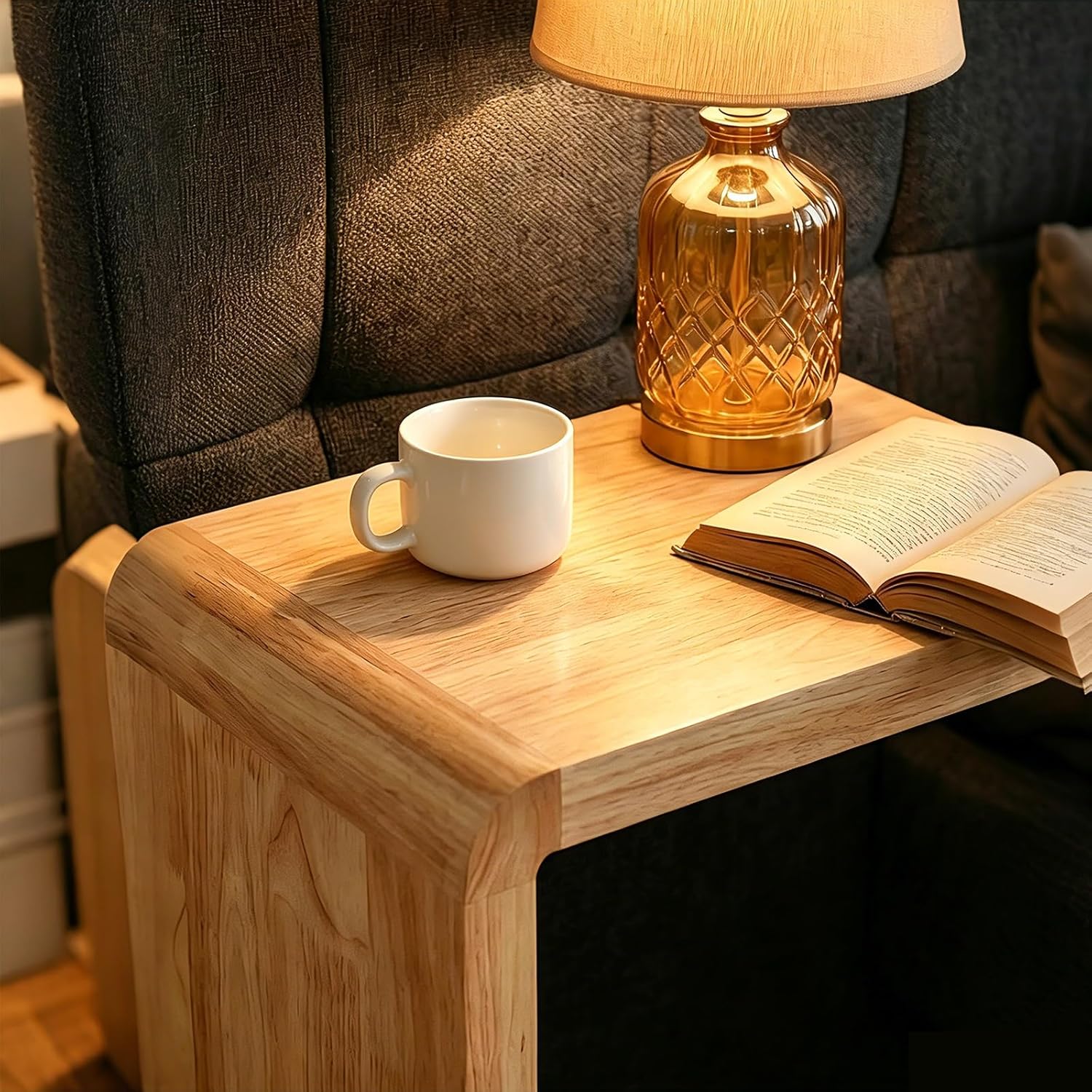 C-Shaped Side Table, 27" H Solid Wood Sofa Side Table Compact Snack Tray Table for Bedroom, Office, Or Balcony, Wooden Nightstand for Laptop and Narrow Spaces, Walnut(Walnut,A)