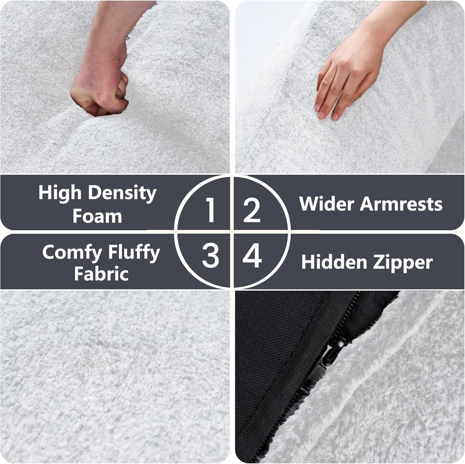 Bean Bag Chairs for Adults, Giant Beanbag Sofa Comfy Reading Chair, Oversized Bean Bag Chairs for Living Room Bedroom, Soft Faux Fur Fabric, 3.2FT, Light Grey, Plush