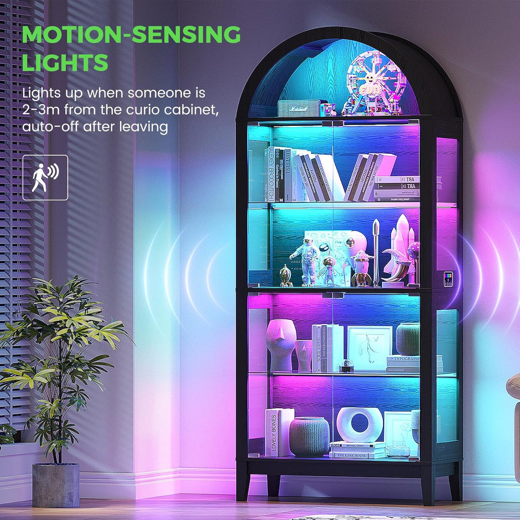 HNEBC Arched Display Case with RGB Lights, 69" Tall 5-Tier Tempered Glass Display Cabinet with Doors, LED Curio Cabinet with Shelf, Bookcase with Music-Synced Lighting for Living Room (Black)