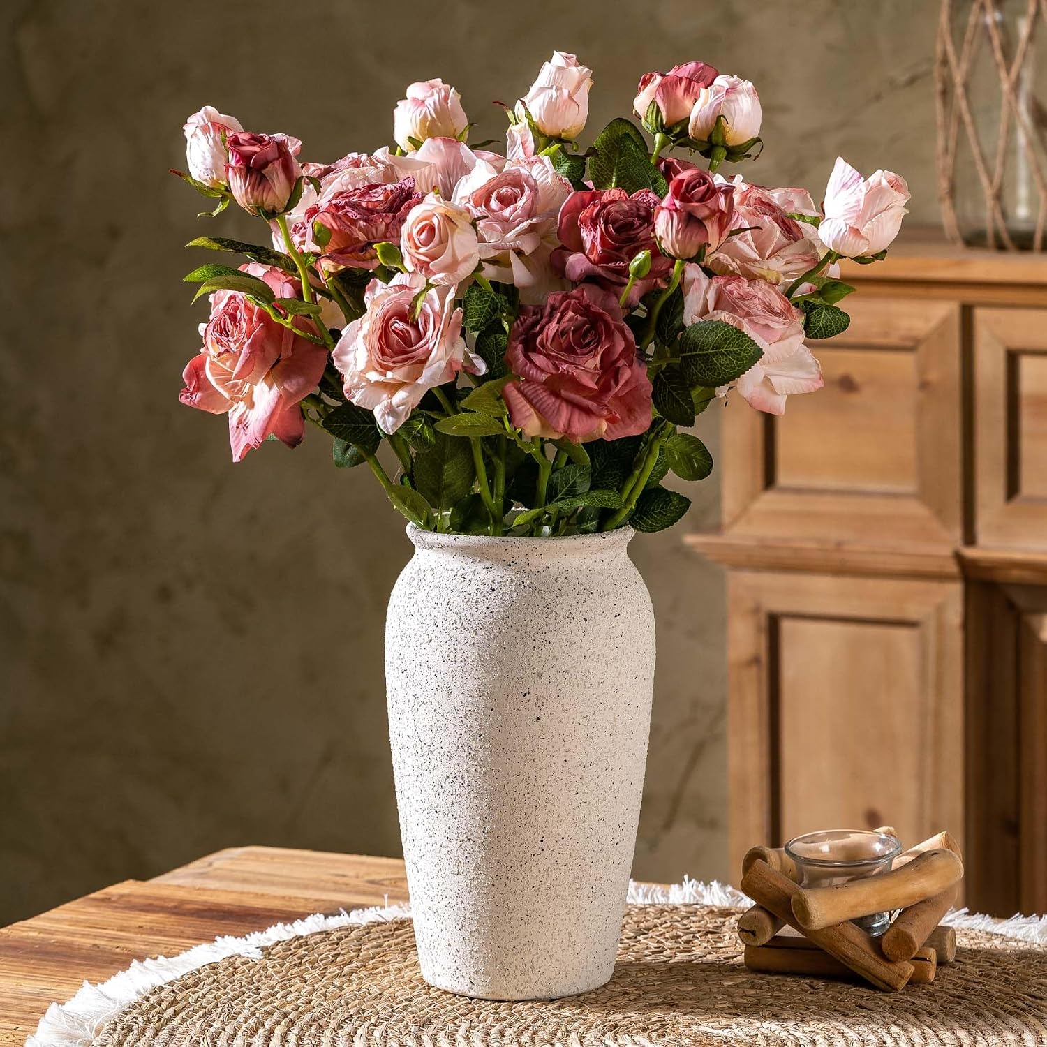 Rustic Farmhouse Flower Large Ceramic Vase, Vintage Pampas Grass Vase, White Modern Decorative Ceramic Flower Vase for Home Decor, Table, Living Room Decoration, Shelf Decor, Mantel, 9.8 Inch