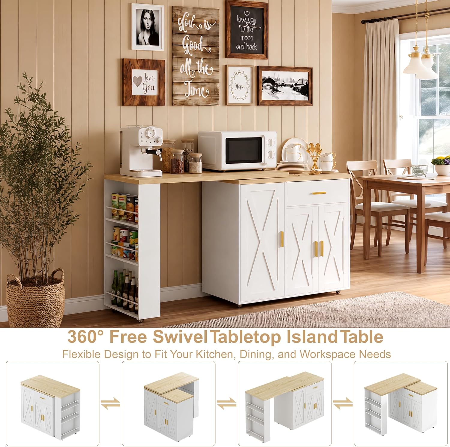 DreamDashio Kitchen Island with Storage, Rolling Kitchen Island with Swivel Table, Drawers & Shelves, Mobile Kitchen Island Cart with 360° Swivel Extendable Dining Table for Kitchen, Dining Room