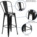 EMMA + OLIVER Commercial Grade 30" H Black Metal Indoor-Outdoor Barstool with Back