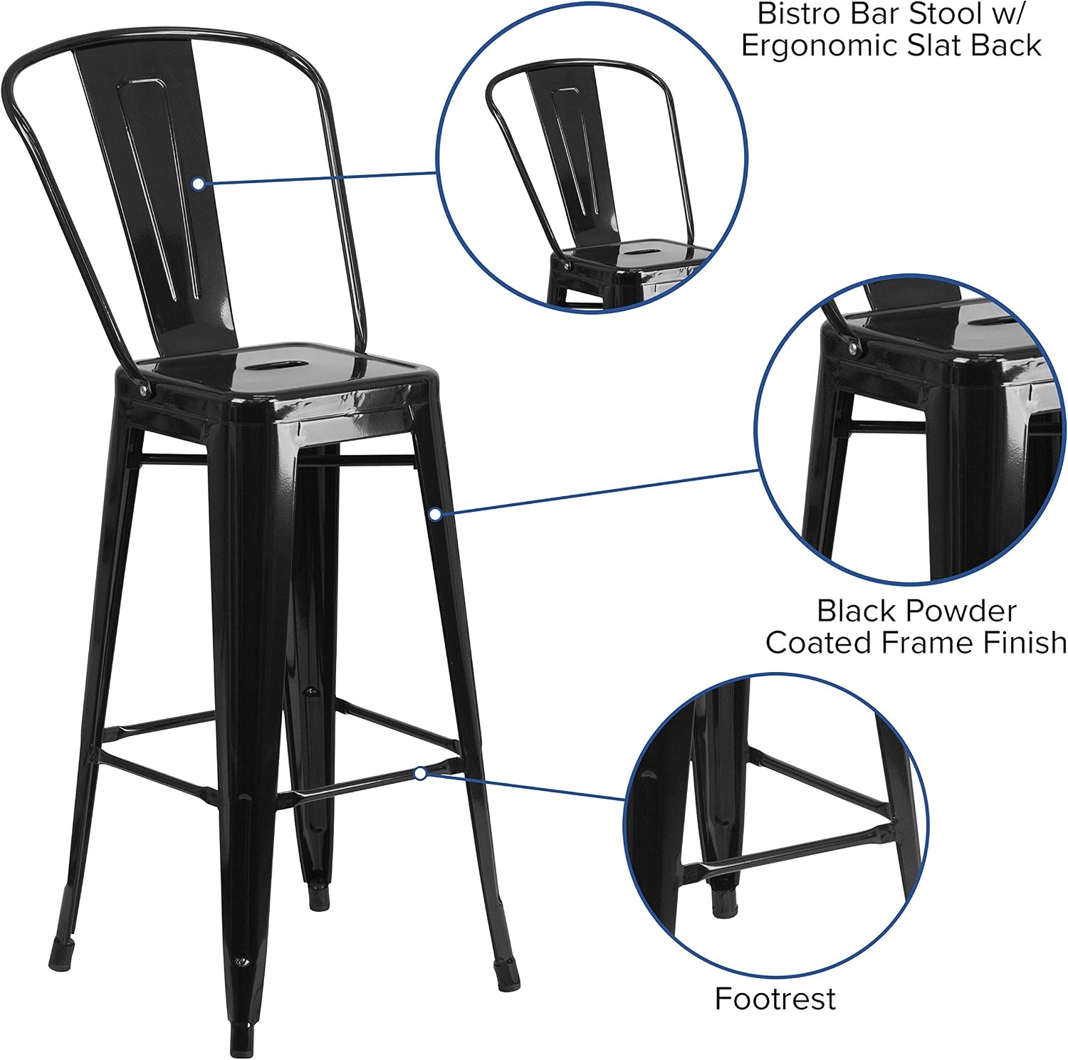 EMMA + OLIVER Commercial Grade 30" H Black Metal Indoor-Outdoor Barstool with Back