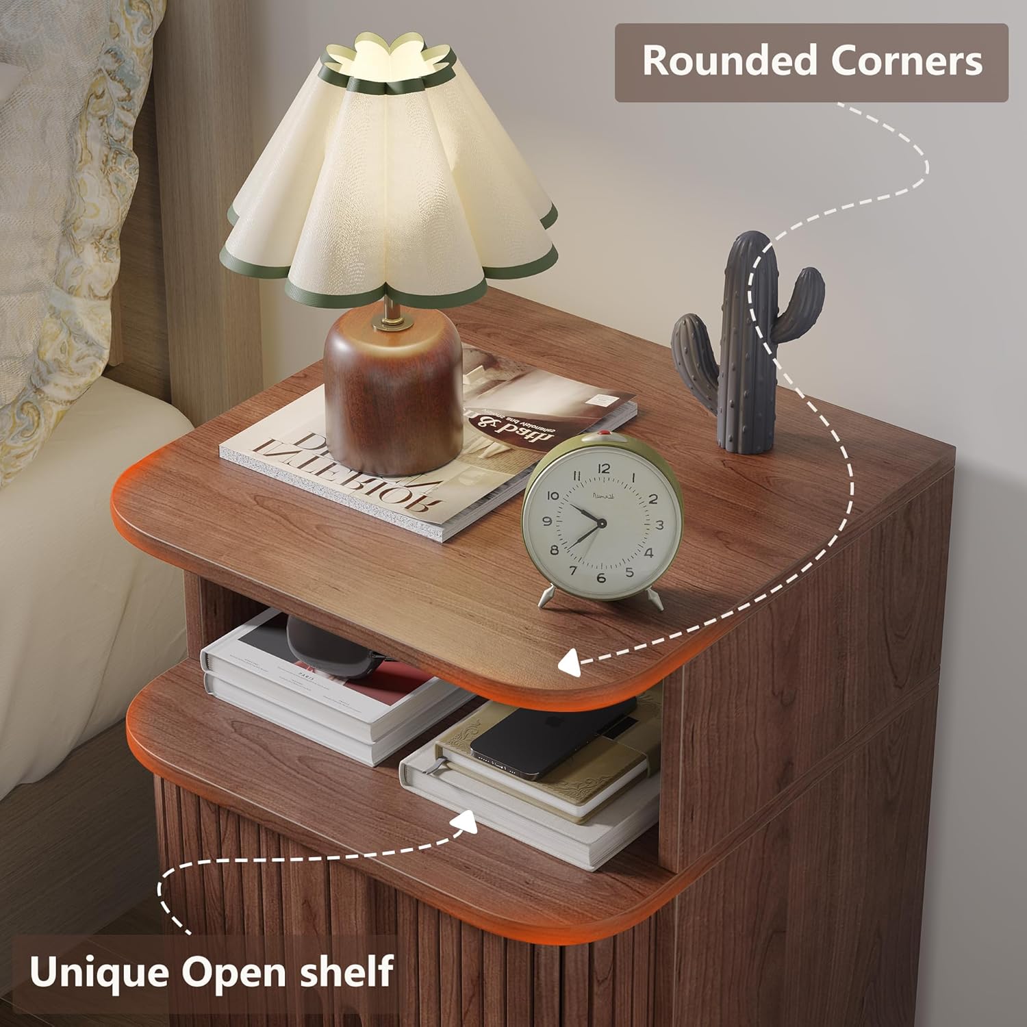 Alohappy Nightstand Set of 2, Mid Century Modern End Table with Storage, Fluted Bedside Table, Wooden Curved Profile Night Stands with Sliding Tambour Door for Bedroom, Living Room, Walnut