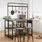 Jocoevol 46'' Kitchen Island with Storage, Bakers Rack with Storage & 3-Tier Shelves, Microwave Stand Coffee Bar Table with Hooks, Industrial Kitchen Island Table for Dining Living Room, Grey