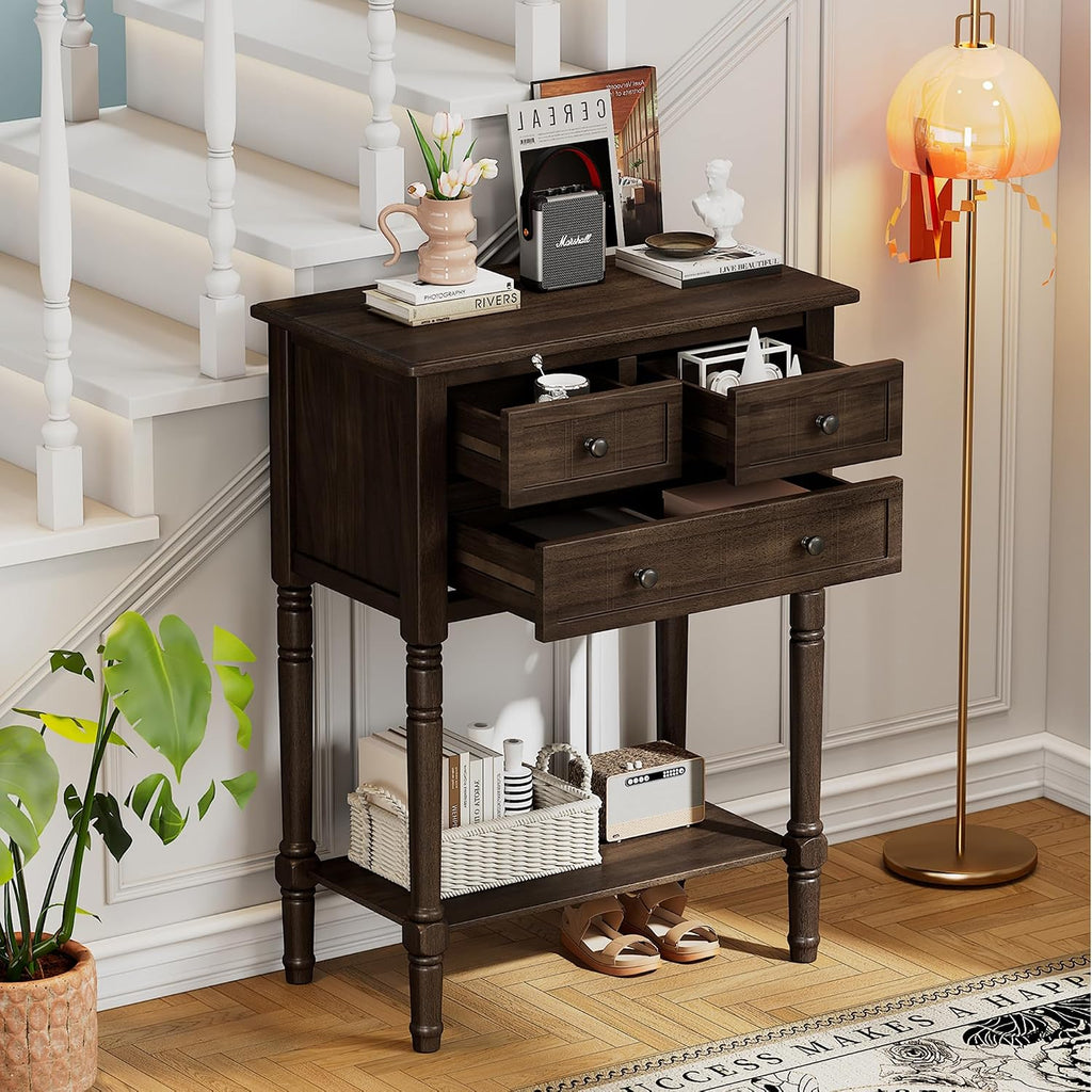 Knocbel Slim Antique Entry Console Table with 3 Drawers & Bottom Open Shelf, Solid Wood Narrow Small Sofa Table for Entryway Hallway Living Room 23.7" W x 13" D x 31.4" H Brown