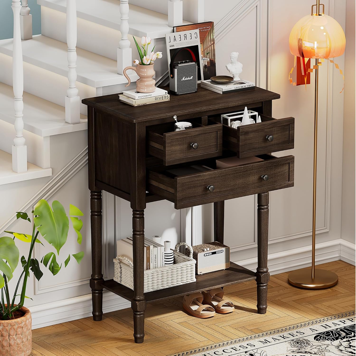 Knocbel Slim Antique Entry Console Table with 3 Drawers & Bottom Open Shelf, Solid Wood Narrow Small Sofa Table for Entryway Hallway Living Room 23.7" W x 13" D x 31.4" H Brown