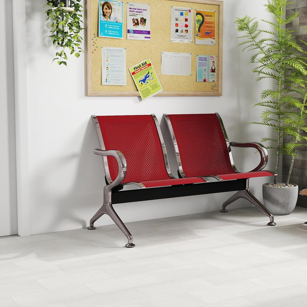 Kinfant 2-Seat Waiting Room Chair - Office Guest Reception Chairs with Ergonomic Backrests, Airport Waiting Bench with Armrests, Metal Waiting Furniture for Hospital, Bank, Salon, Dark Red