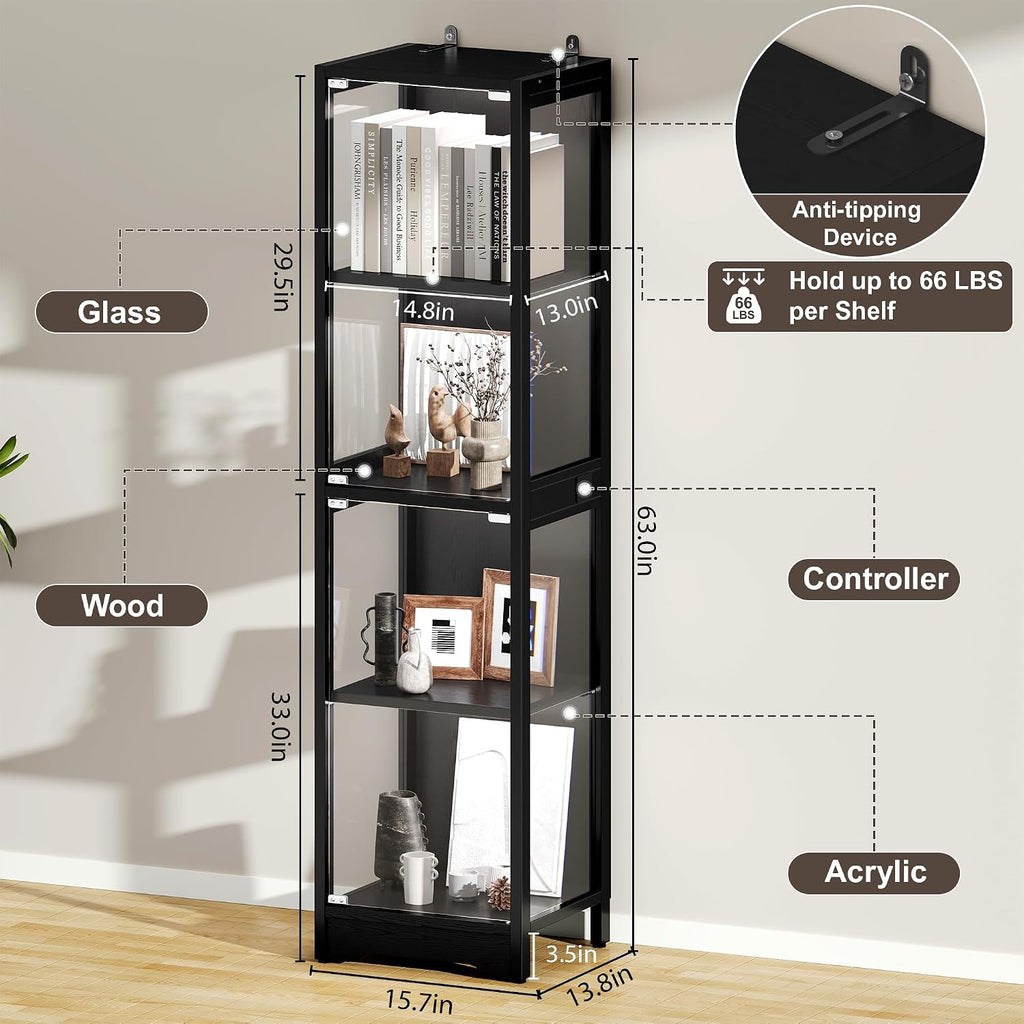 DreamDashio Display Cabinet with Glass Doors, 4-Tier Curio Cabinet with App RGB Lights for Collectibles, Display Case with Human Body Sensor, Corner Cabinet, Bookcase, Storage Cabinets, Black
