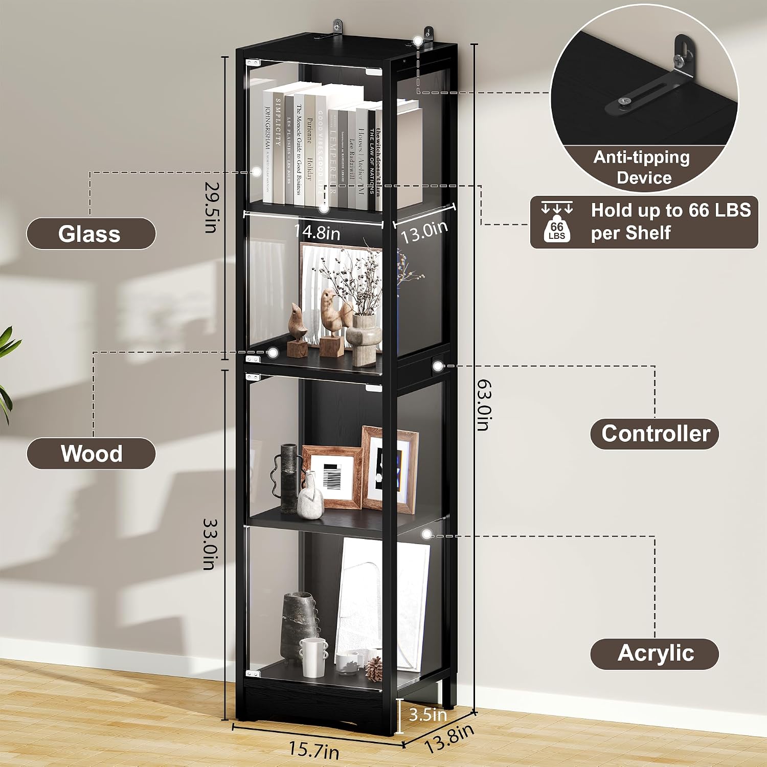 DreamDashio Display Cabinet with Glass Doors, 4-Tier Curio Cabinet with App RGB Lights for Collectibles, Display Case with Human Body Sensor, Corner Cabinet, Bookcase, Storage Cabinets, Black