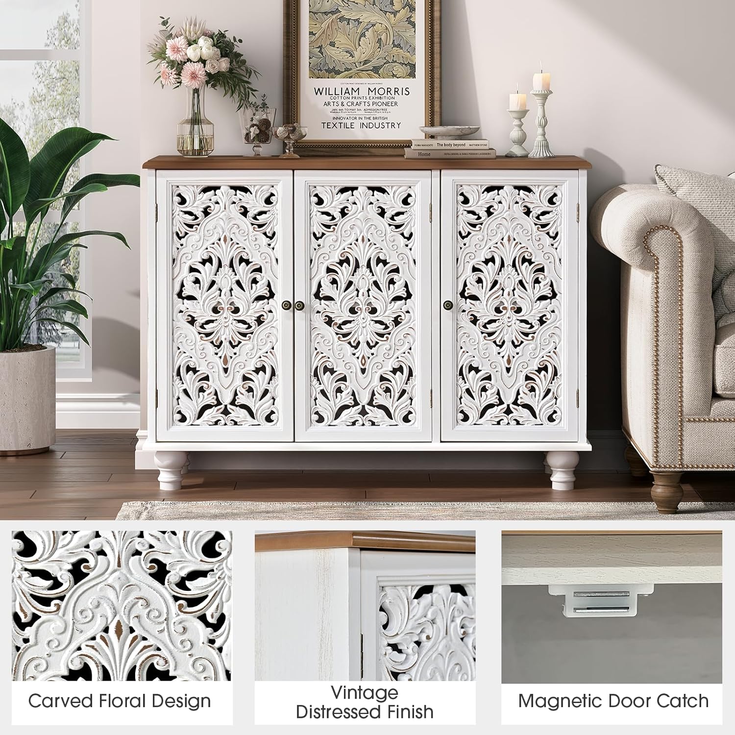 Jiansu furni Sideboard Buffet Cabinet with Storage,Accent Cabinet with 3 Doors & Adjustable Shelves for Kitchen, Living Room,Hallway,Bedroon(White)