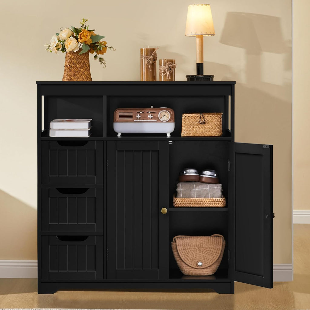 Yaheetech Bathroom Storage Cabinet, Wide Floor Cabinet with 3 Drawers and 2 Doors, Barhroom Storage Organizer with 2 Open Shelves, Adjustable Shelf, for Living Room, Kitchen, Hallway, Black