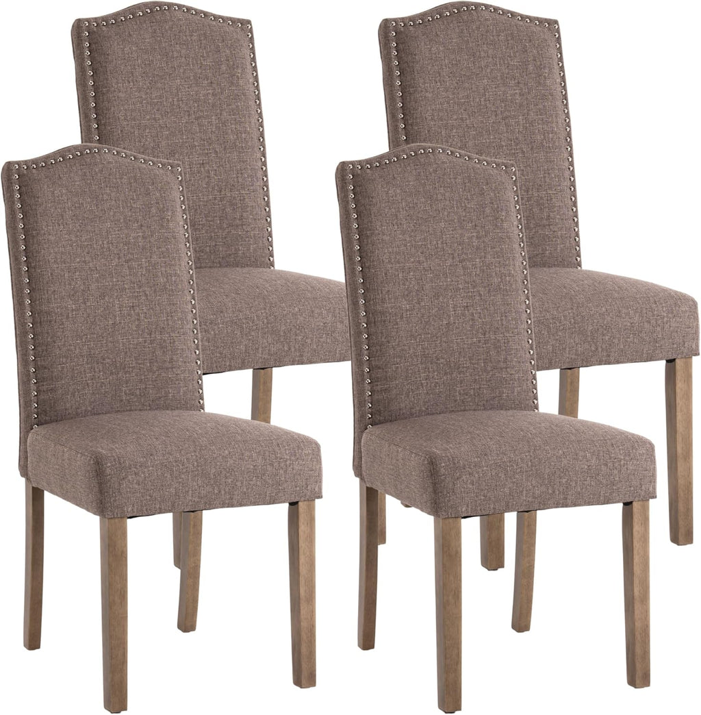 Upholstered Dining Chair Modern Stylish Parsons Kitchen Diner High Back with Silver Nailhead Trim & Wood Legs, Set of 4, Fabric Brown