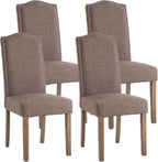 Upholstered Dining Chair Modern Stylish Parsons Kitchen Diner High Back with Silver Nailhead Trim & Wood Legs, Set of 4, Fabric Brown