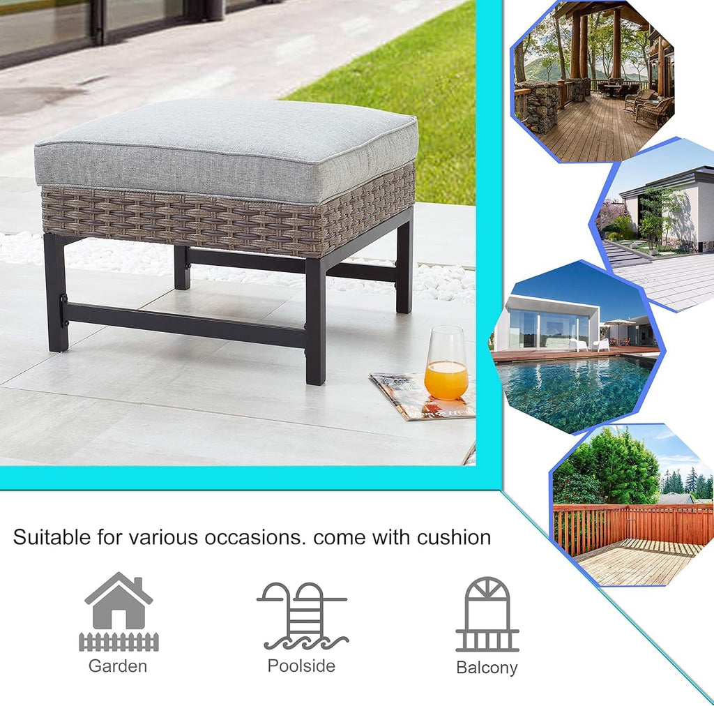 LOKATSE HOME Outdoor Patio Bistro Furniture Ottoman Footstool Rest with Premium Fabric Soft Removable Cushion and Wicker Rattan with Slatted Steel for Garden Yard Lawn Poolside, Grey
