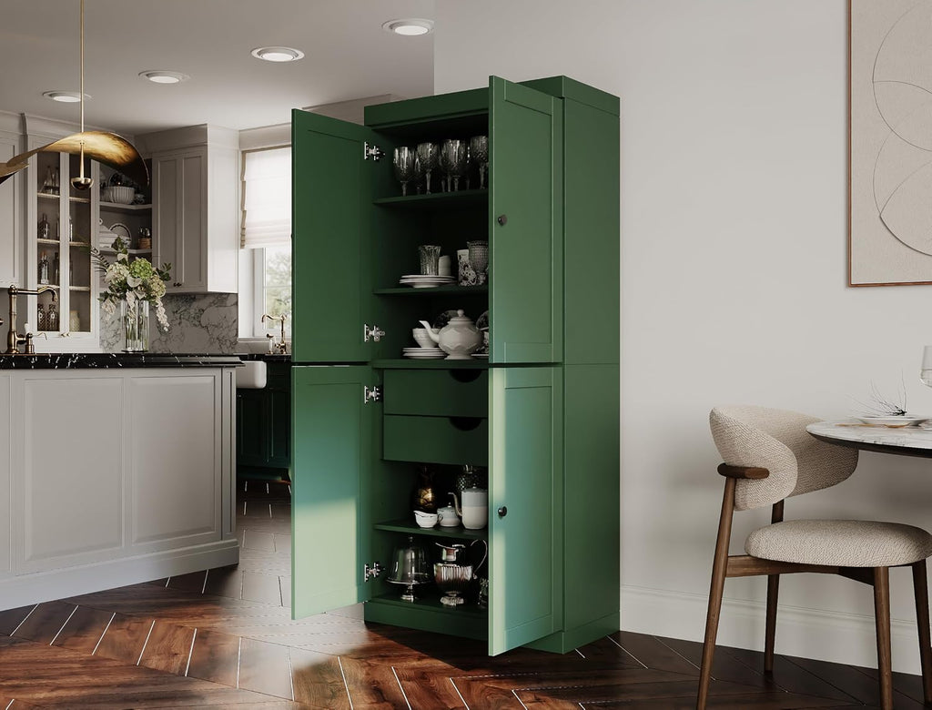 Palace Imports Solid Wood Kitchen Pantry Cabinet - 71.5" Tall x 32" Wide - Wooden Storage Cabinet w/ 4 Shaker Doors, 2 Drawers, 4 Adjustable Shelves - Green, 100% Eco-Friendly Wood, Made in Brazil
