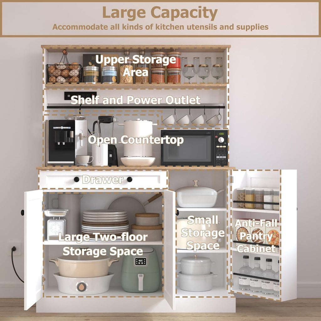 Pantry Cabinet with Charging Station,Kitchen Pantry Storage Cabinet with Microwave Stand,Freestanding Buffet Cabinet with Doors, Adjustable Shelves,Farmhouse Food Pantry for Living Room