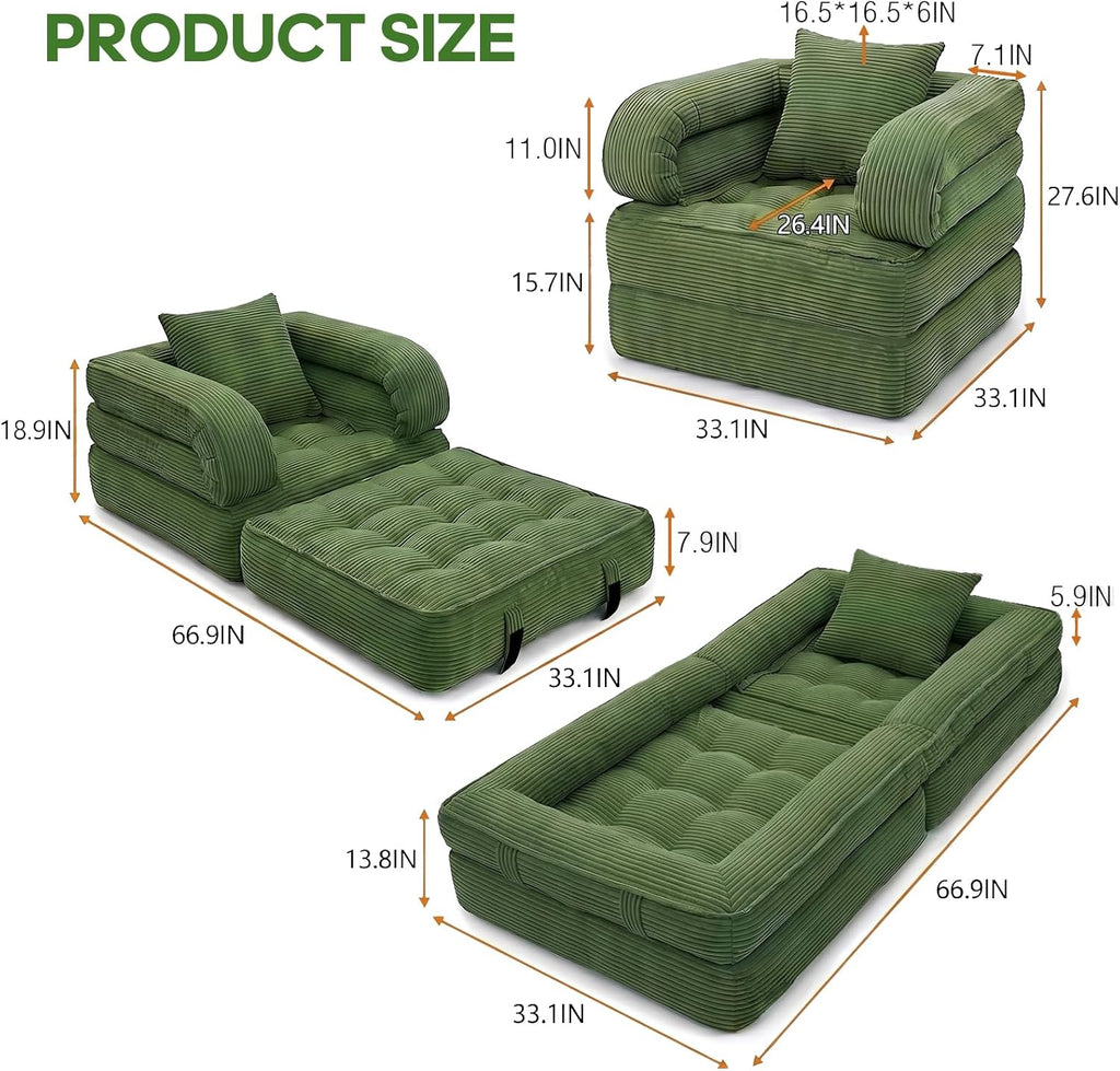 Folding Sofa Bed, Convertible Sleeper Chair with Armrests for Adults, Foldable Corduroy Boneless Bed, 3-in-1 Portable Futon Couch Floor Sofa with Pillow for Bedroom, Living Room, Dark Green