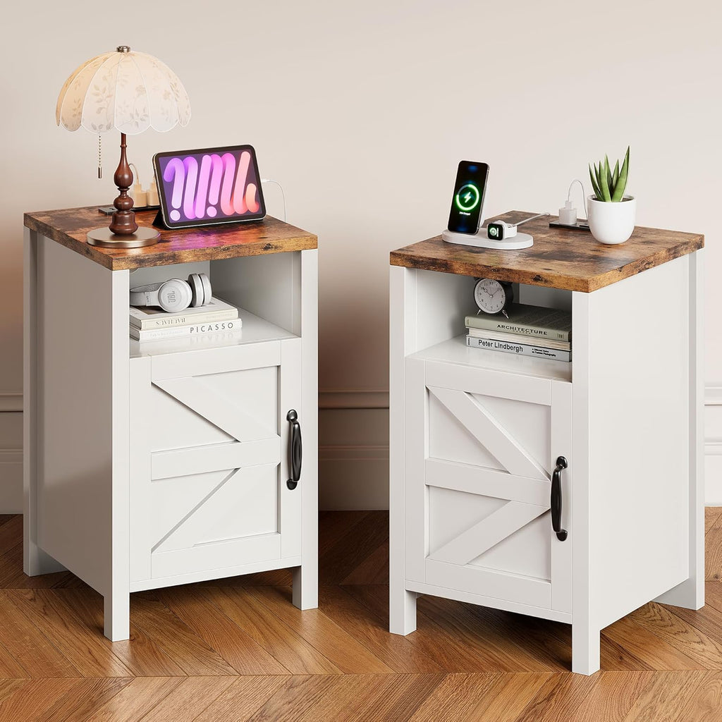 MXV Farmhouse Nightstands with Charging Station, End Tables Set of 2 with Barn Door, Sofa Side Table with Storage Space for Bedroom, Living Room (White)