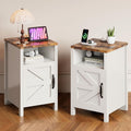 MXV Farmhouse Nightstands with Charging Station, End Tables Set of 2 with Barn Door, Sofa Side Table with Storage Space for Bedroom, Living Room (White)